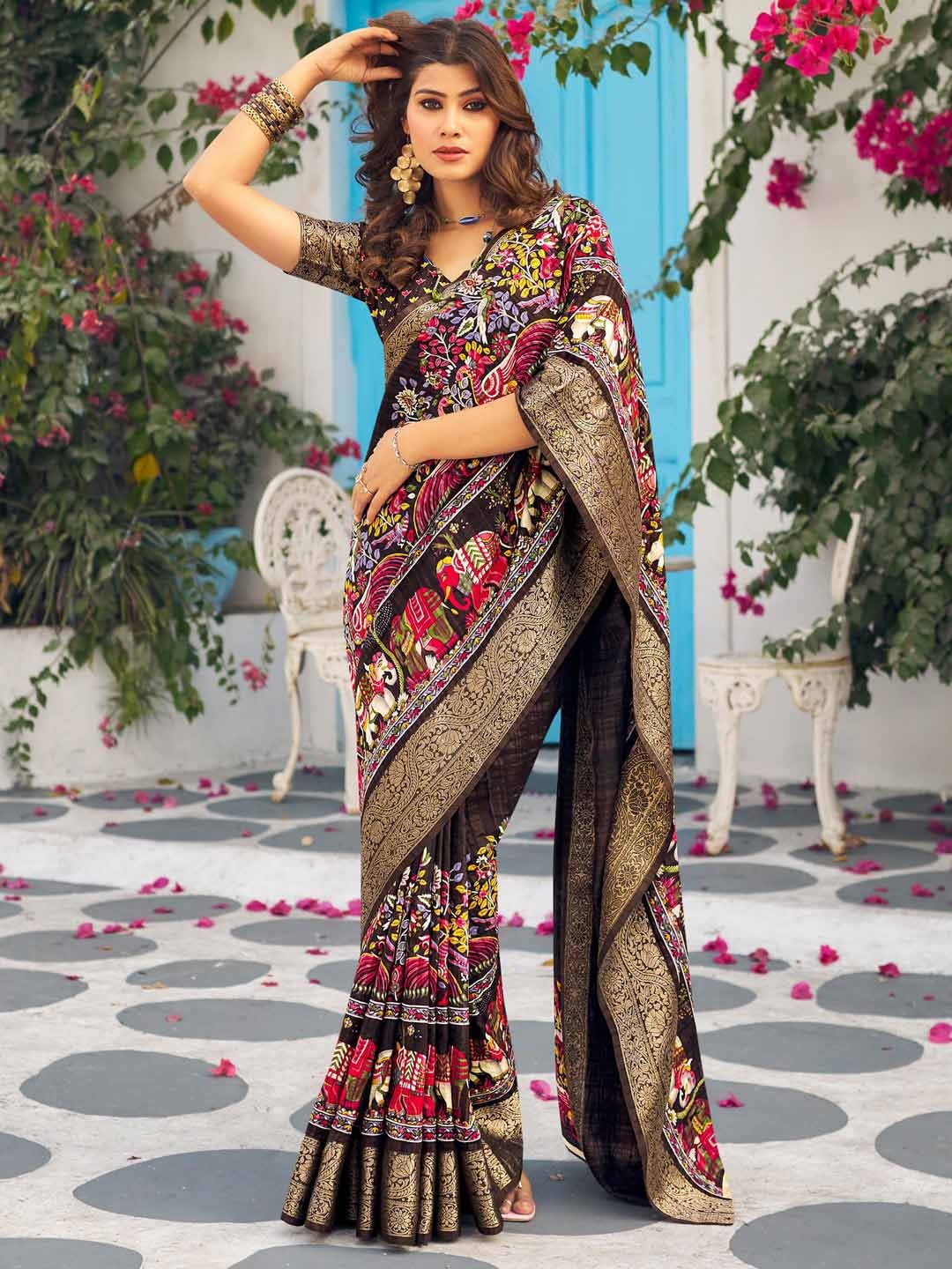 

Mitera Ethnic Motifs Printed Zari Sungudi Saree, Brown
