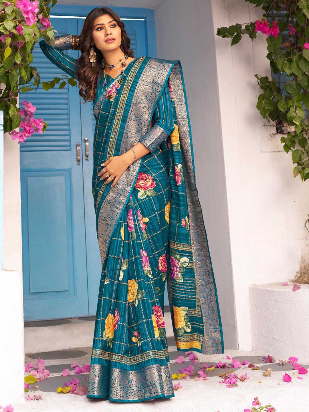 

Mitera Teal Green & Red Checked Zari Sungudi Saree