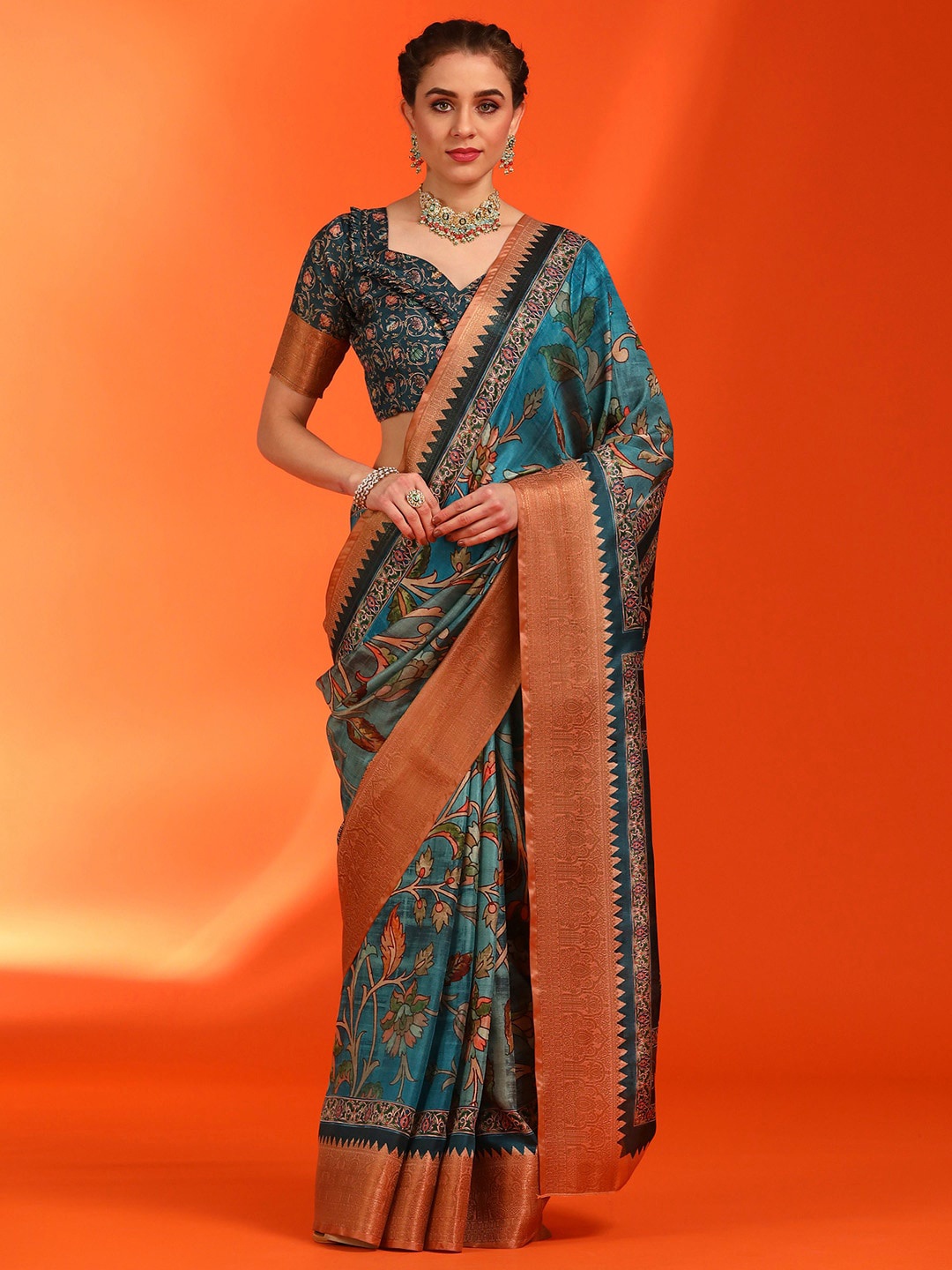 

Saree mall Kalamkari Printed Zari Sungudi Saree, Blue