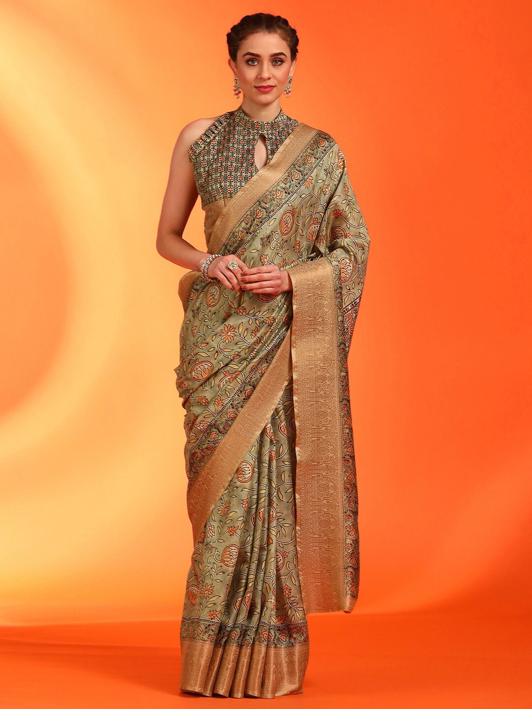 

Saree mall Floral Printed Zari Ornamented Sungudi Ethinic Sarees, Olive