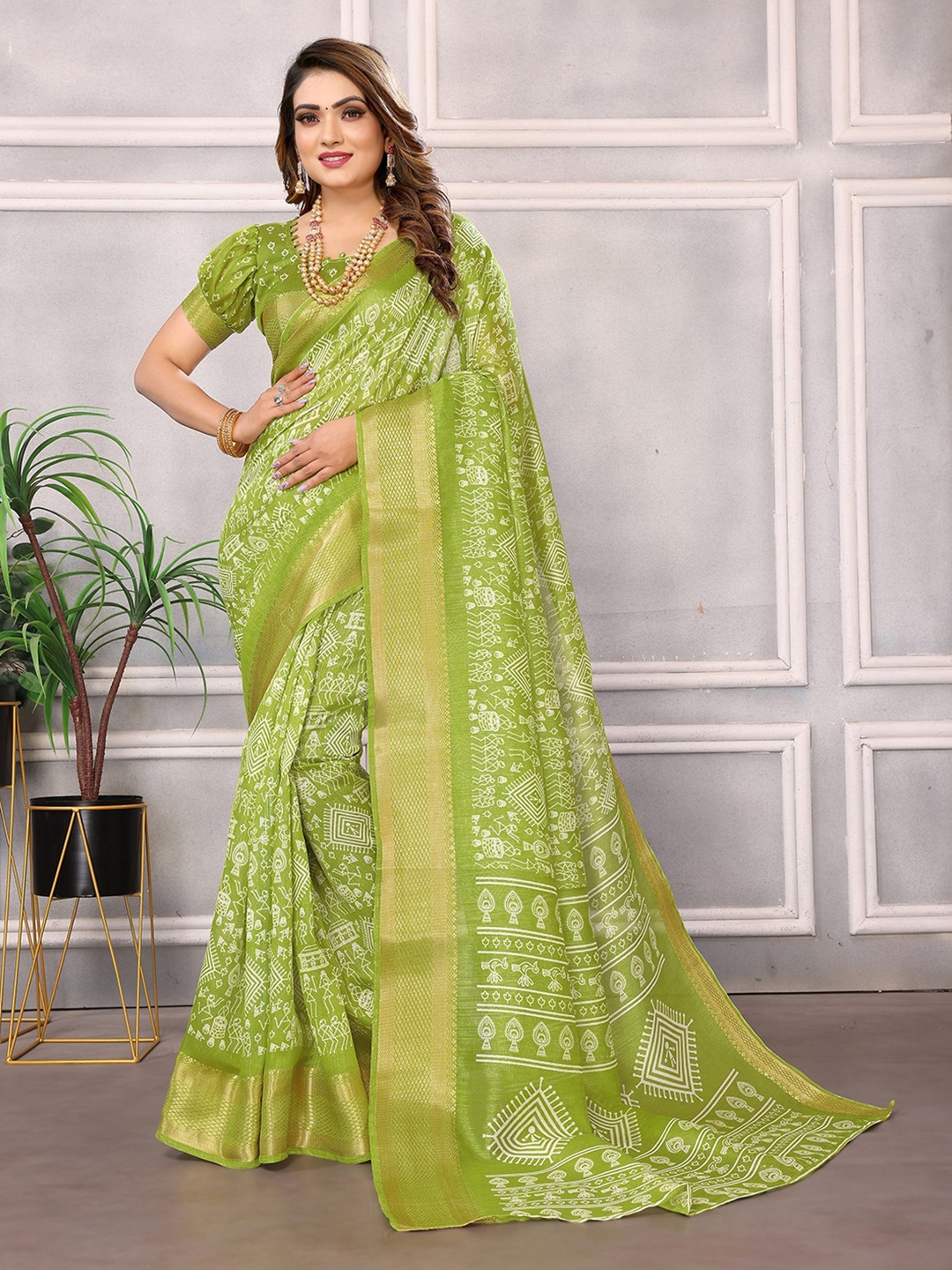 

Hema silk mills Warli Cotton Silk Banarasi Saree, Sea green
