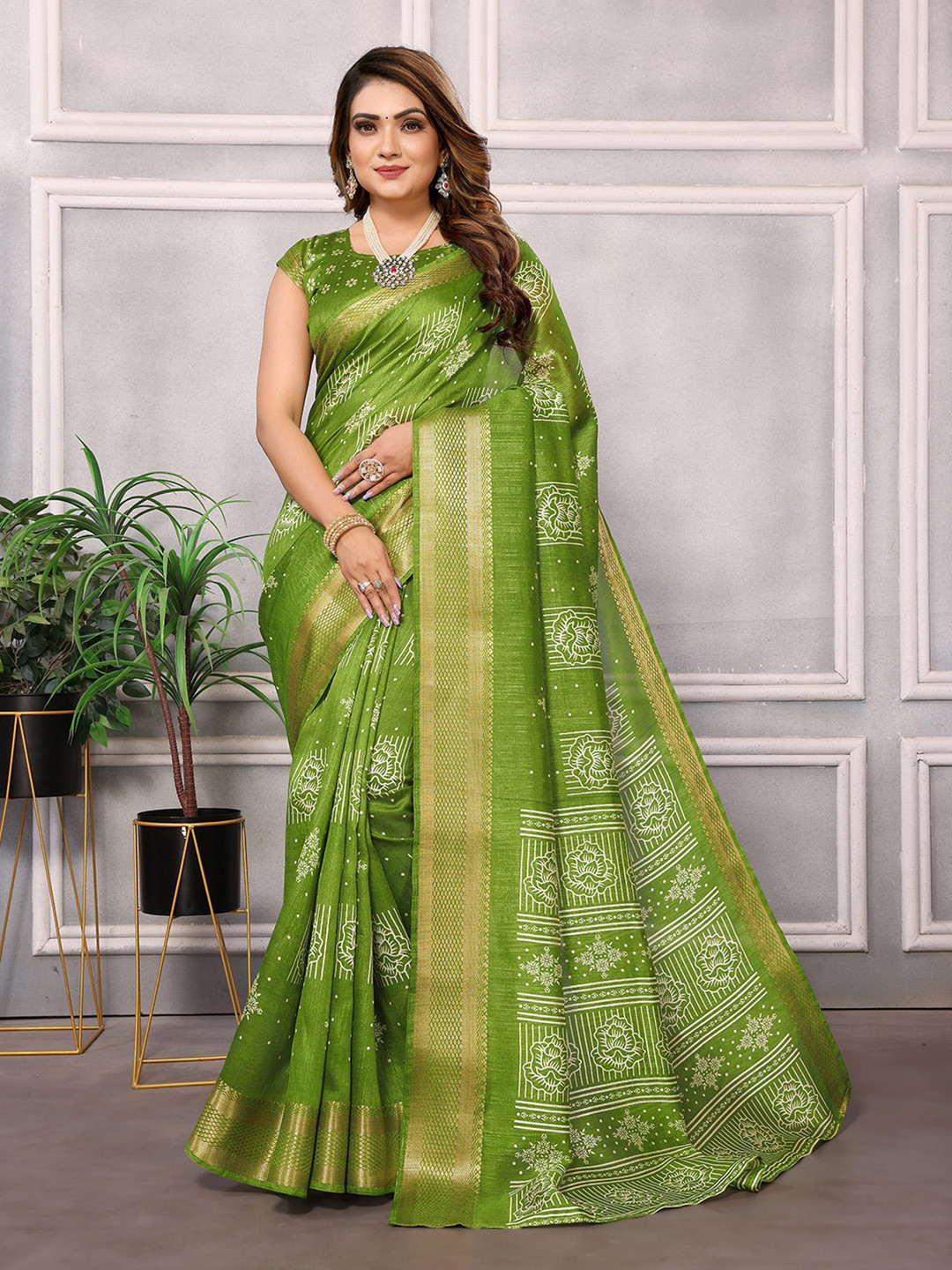 

Hema silk mills Zari Cotton Silk Bhagalpuri Saree, Sea green