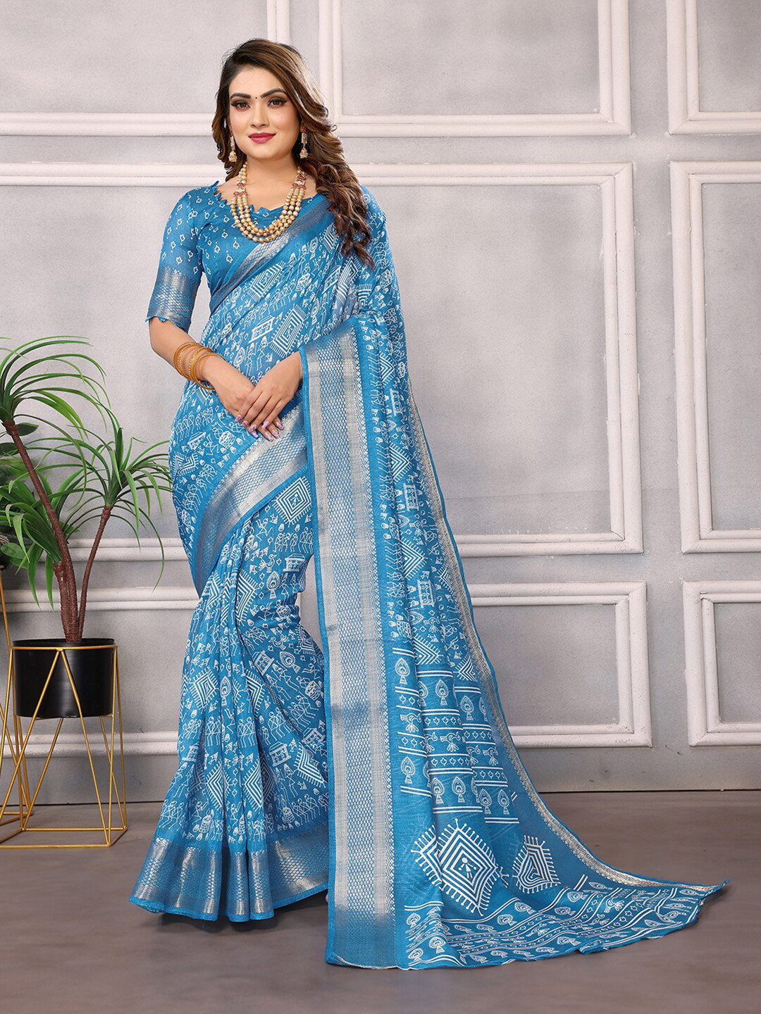 

Hema silk mills Warli Cotton Silk Banarasi Saree, Blue