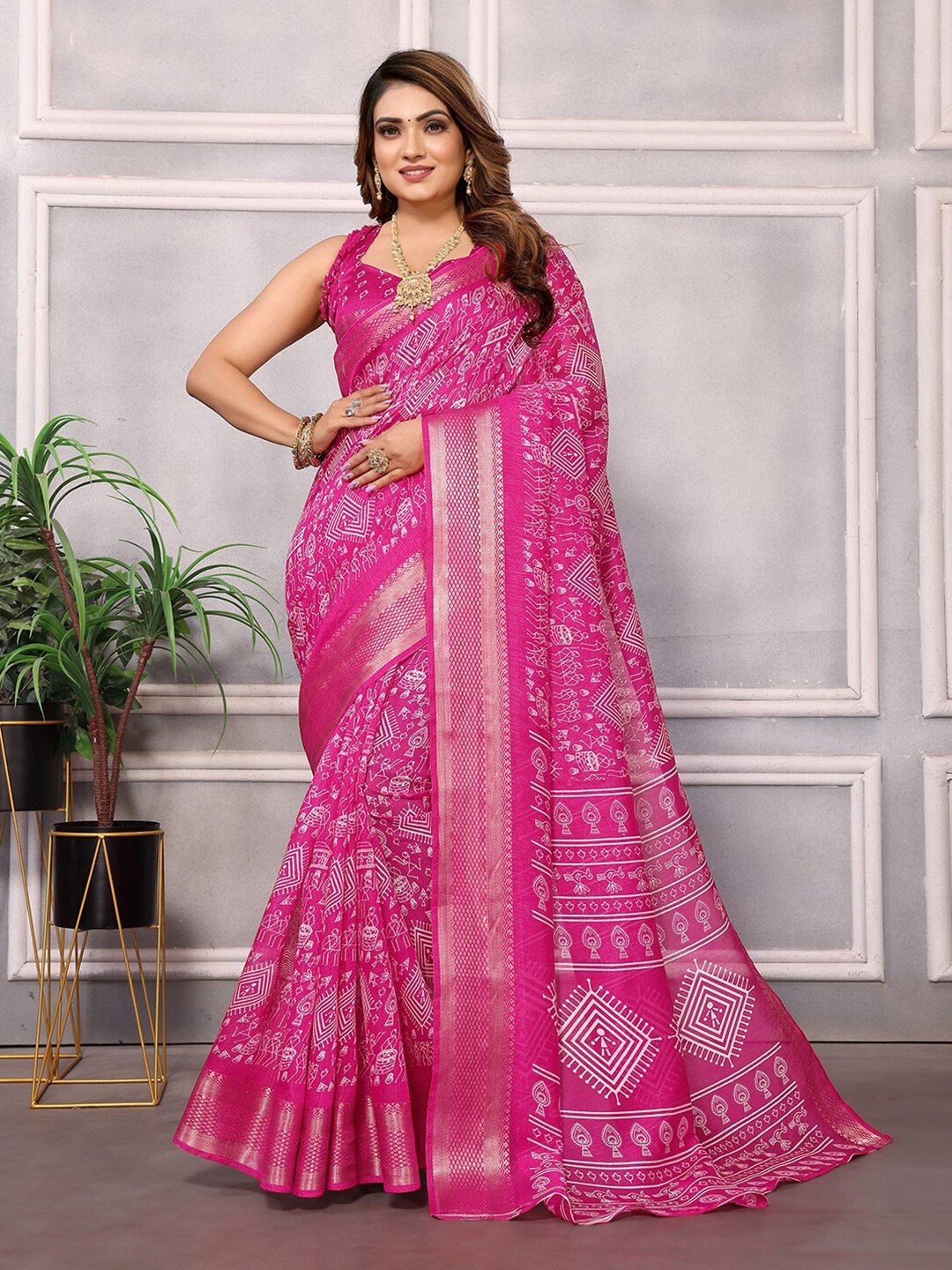 

Hema silk mills Warli Banarasi Saree, Pink