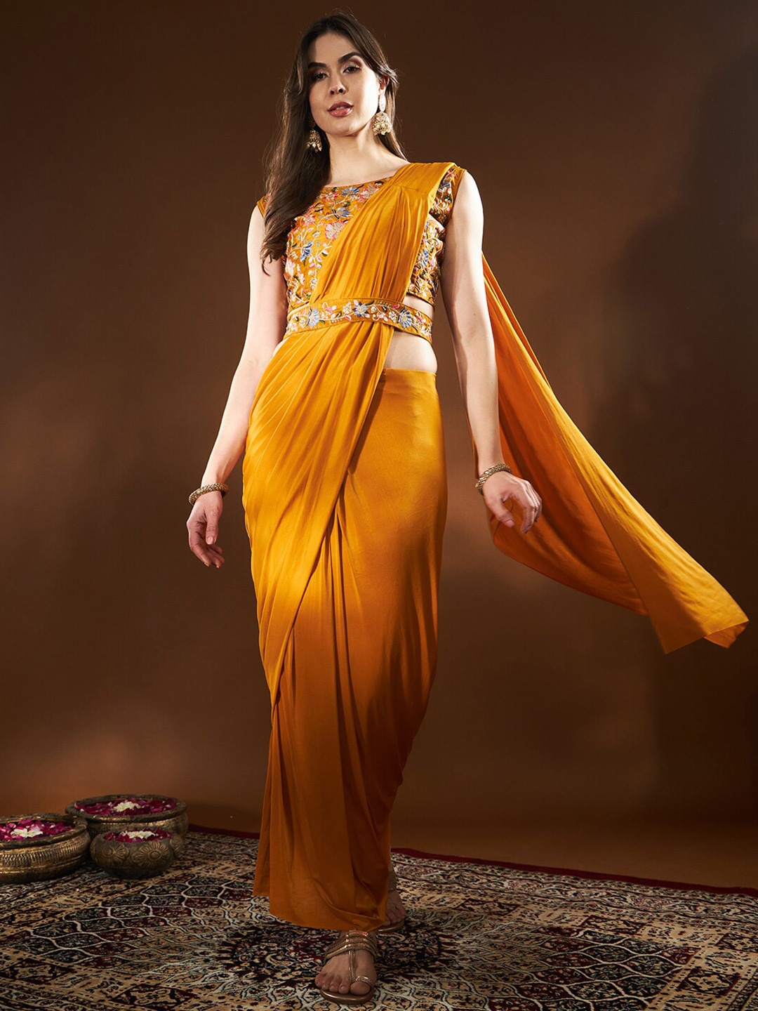 

THE52 Floral Embroidered Ready to Wear Saree, Mustard