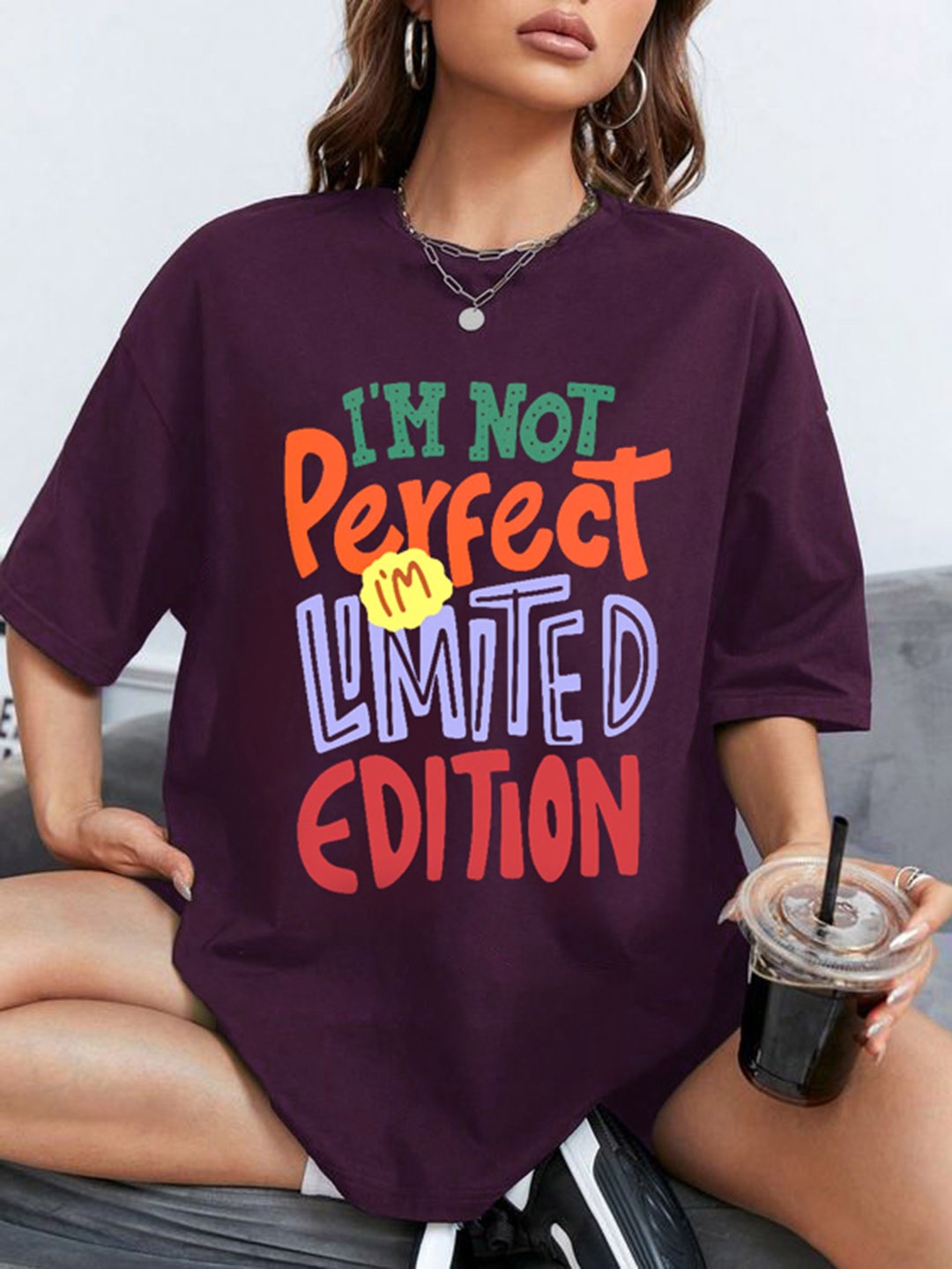 

CHKOKKO Typography Printed Drop-Shoulder T-shirt, Violet