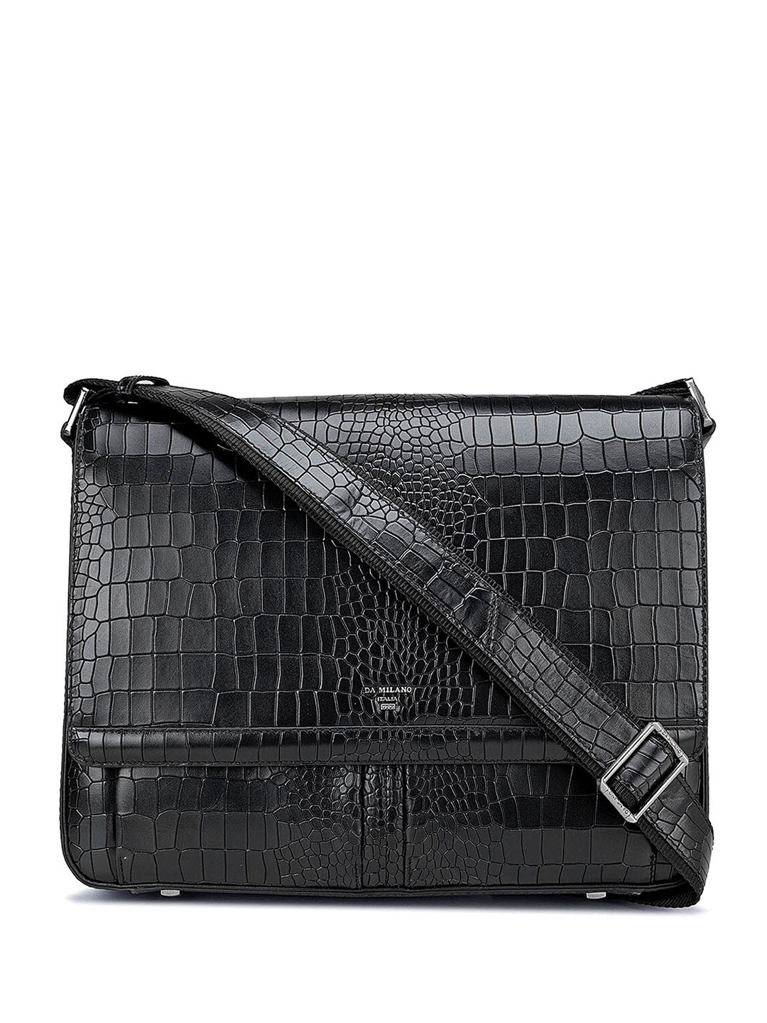 

Da Milano Men Textured Leather Messenger Bag, Black