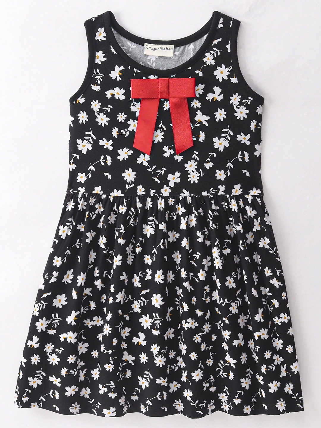 

CrayonFlakes Girls Floral Printed Fit & Flare Dress, Black