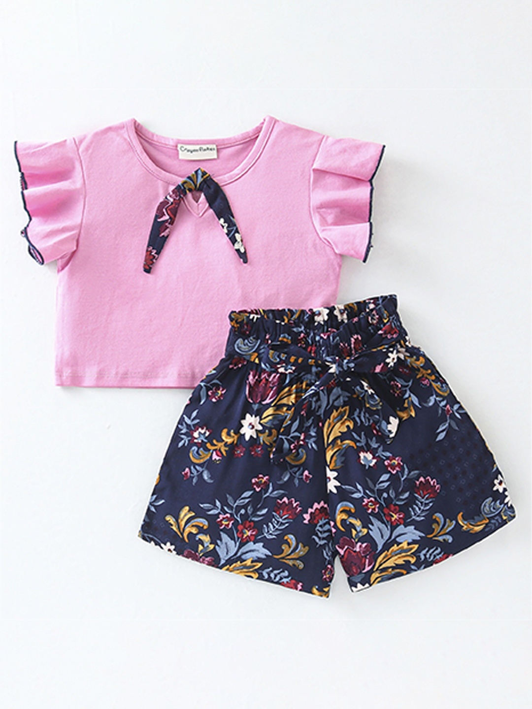 

CrayonFlakes Girls Round Neck Top With Shorts, Pink