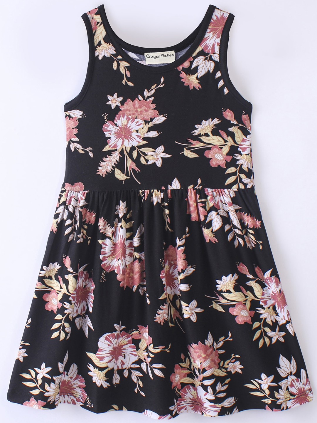 

CrayonFlakes Girls Floral Printed Round Neck Fit & Flare Dress, Black