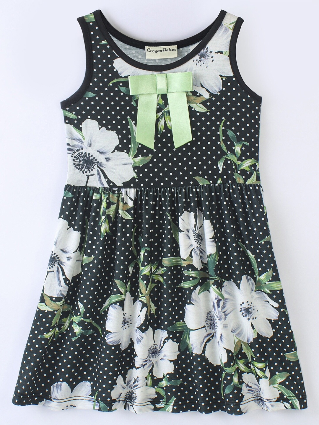 

CrayonFlakes Girls Floral Printed Fit & Flare Dress, Green