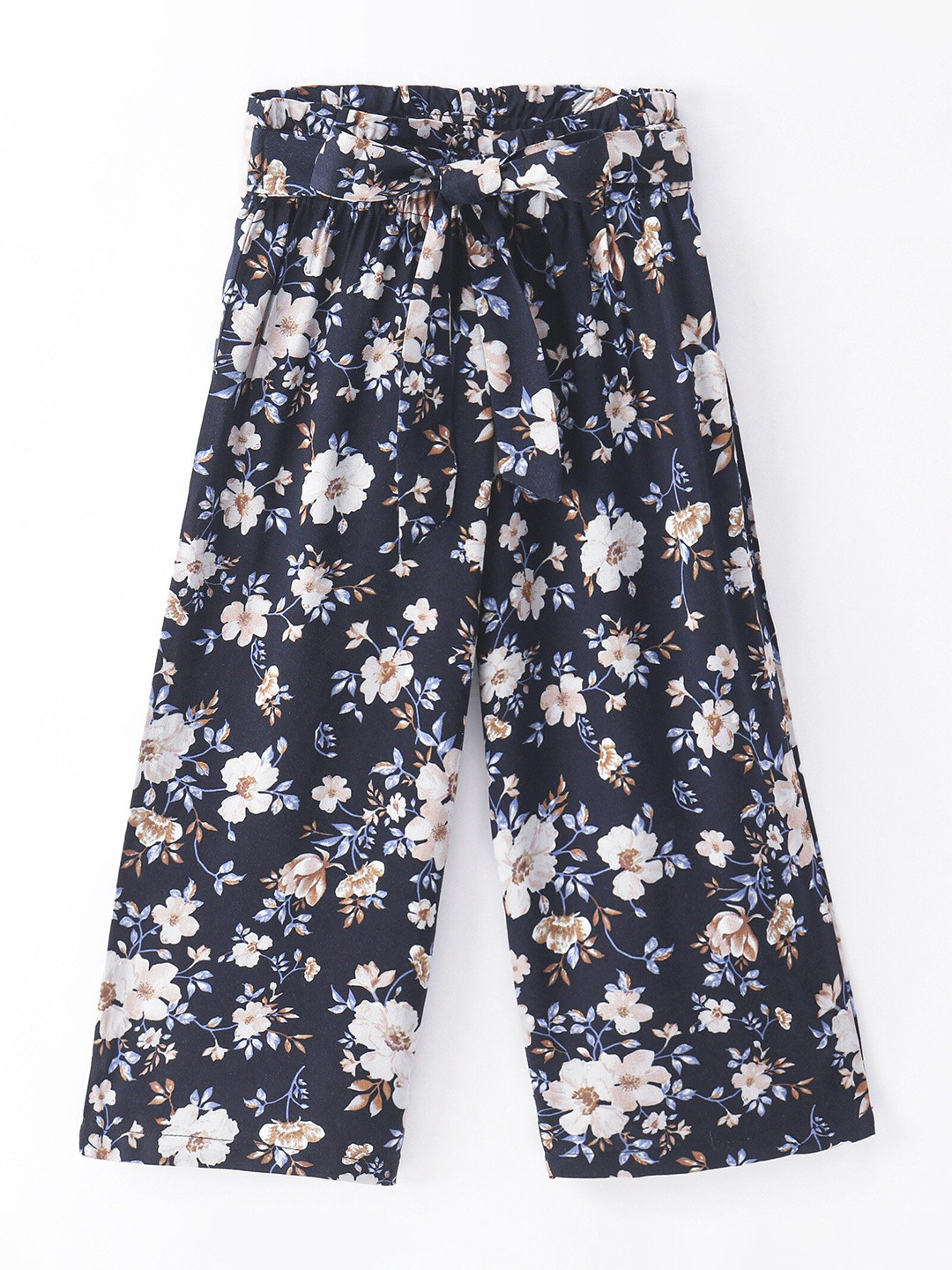 

CrayonFlakes Girls Floral Printed Knitted Belted Palazzos, Black