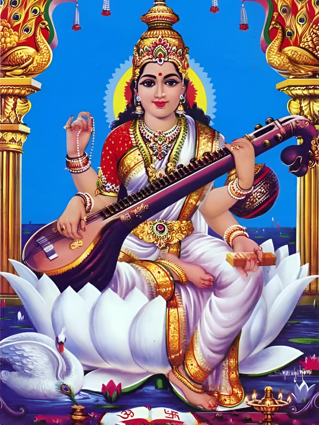

British Terminal Gold-Toned & Blue Maa Saraswati Religious Wall Painting