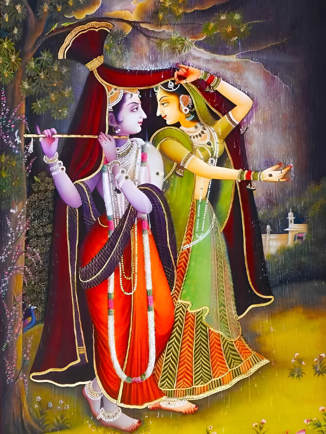 

British Terminal Orange & Green Lord Radha Krishna Religious Wall Painting