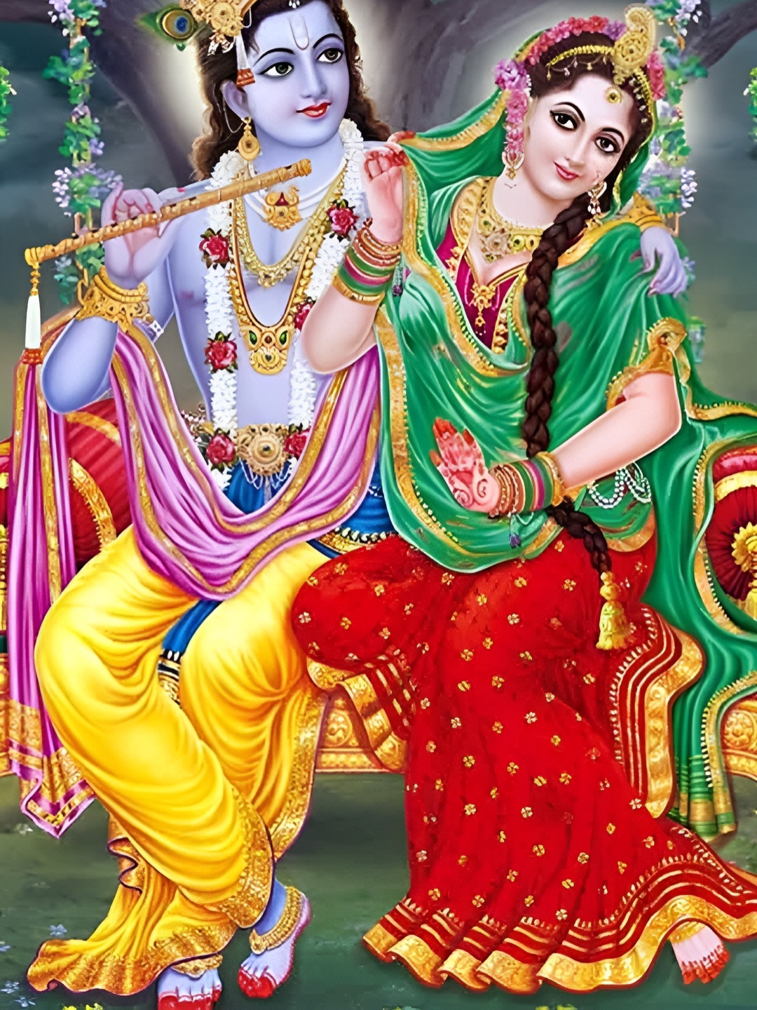 

British Terminal Blue & Red Lord Radha Krishna Religious Wall Painting