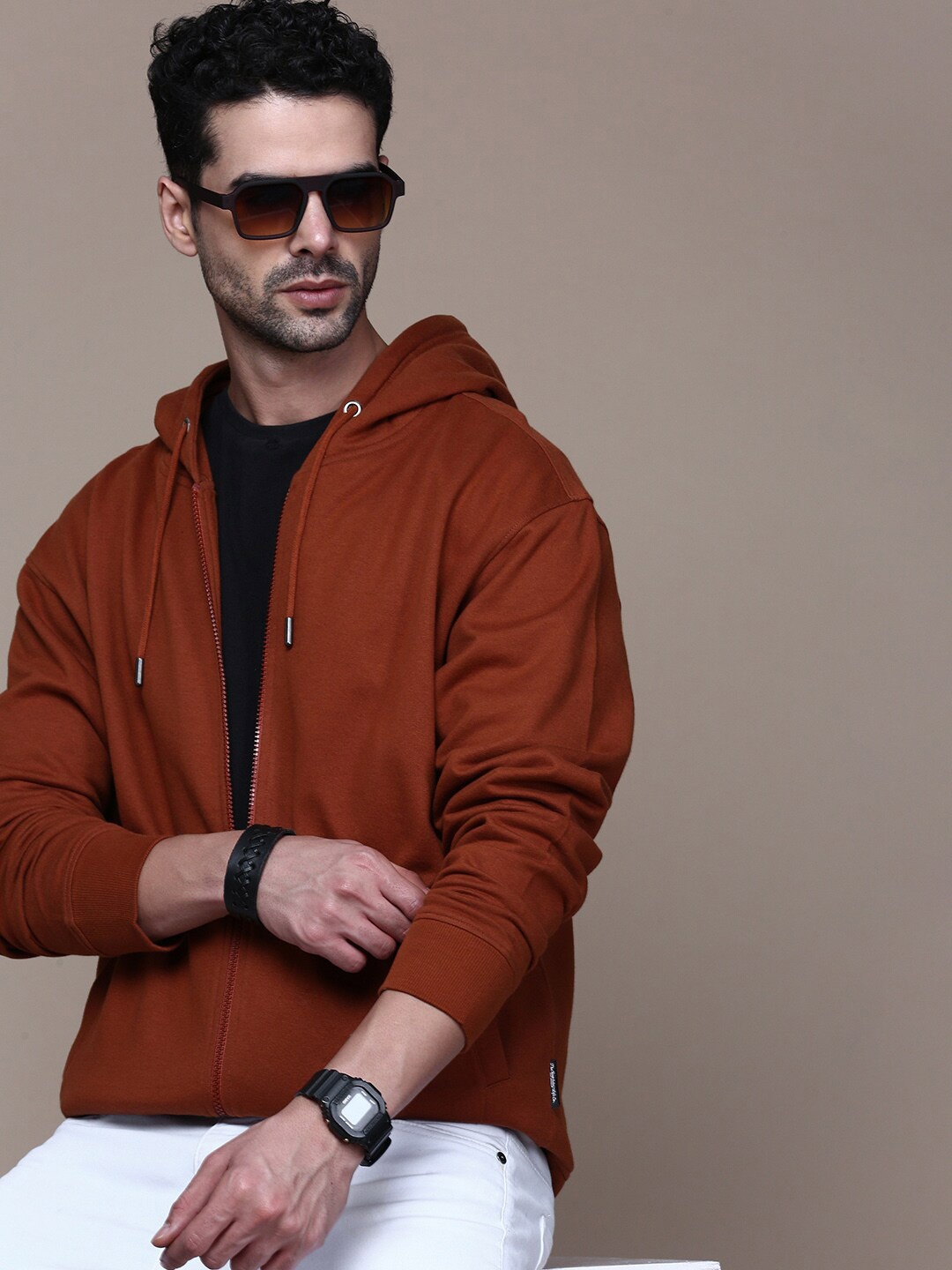 

The Roadster Lifestyle Co. Rust Hooded Relaxed Fit Front-Open Sweatshirt
