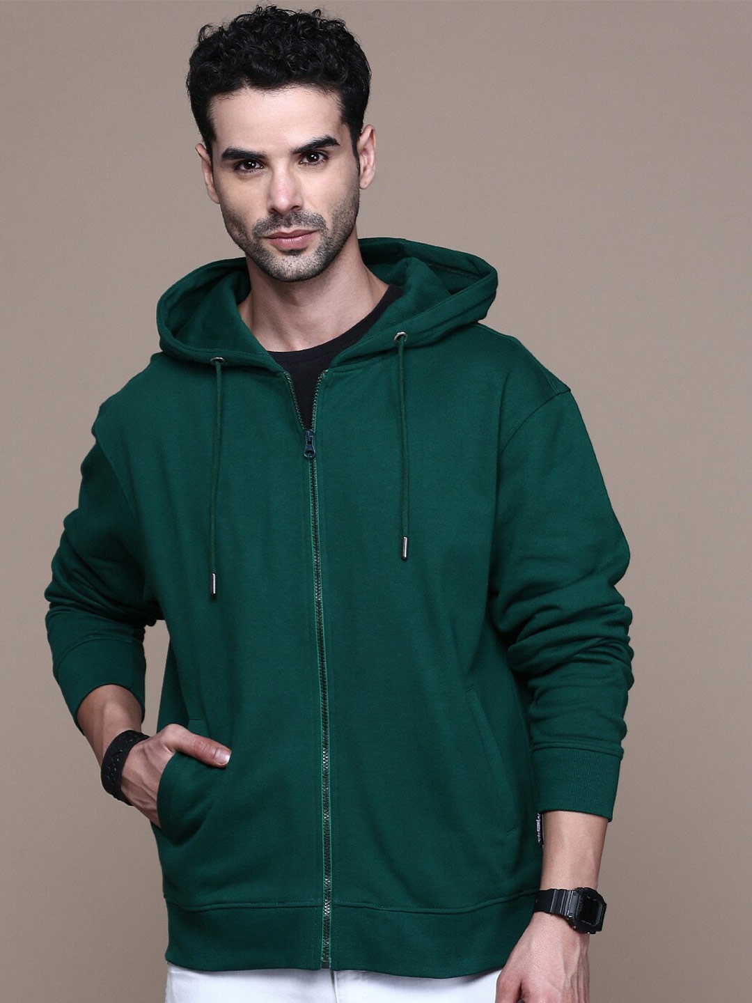 

Roadster Lifestyle Co Relaxed-Fit Hooded Full Open Zip Sweatshirt, Green