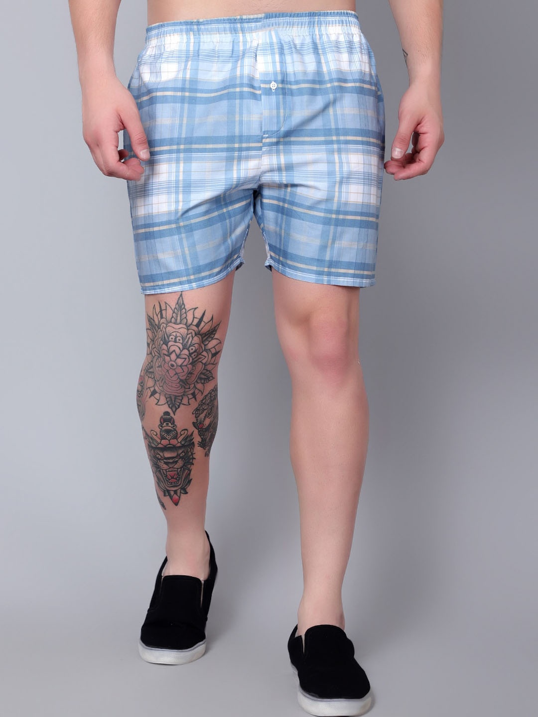 

Zombom Checked Breathable Pure Cotton Boxers ZB_BOXER_2301_SKY BLUE_S, White