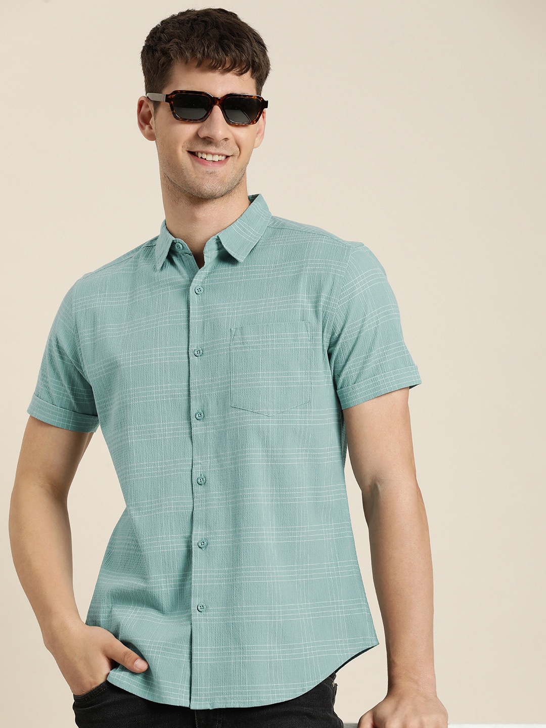 

HERE&NOW Men Slim Fit Opaque Checked Casual Shirt, Green