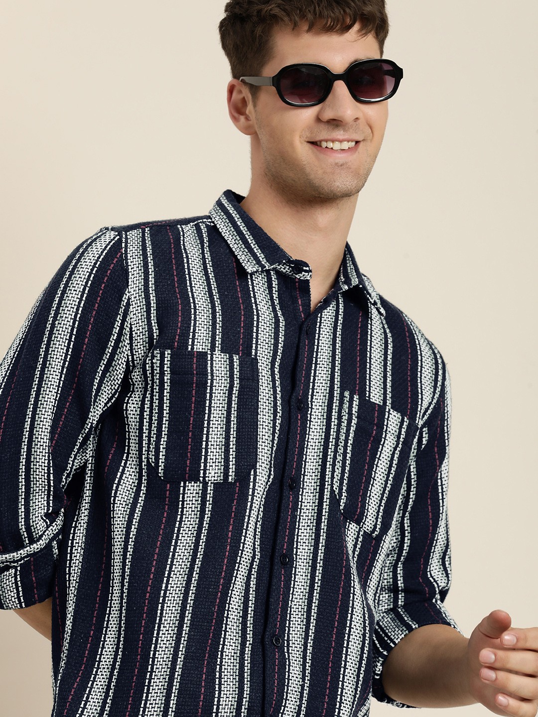 

HERE&NOW Men Slim Fit Opaque Striped Casual Shirt, Navy blue