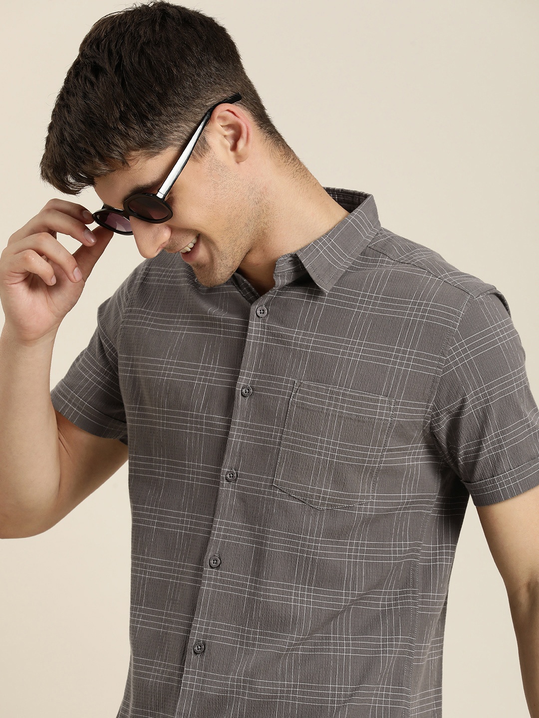 

HERE&NOW Men Slim Fit Checked Casual Shirt, Grey