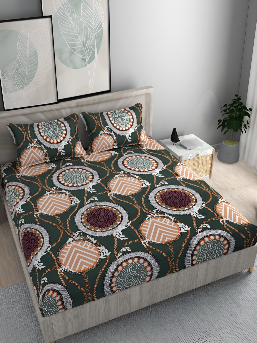 

FINE TEX WORLD Peach-Coloured & White Geometric 210 TC King Bedsheet with 2 Pillow Covers