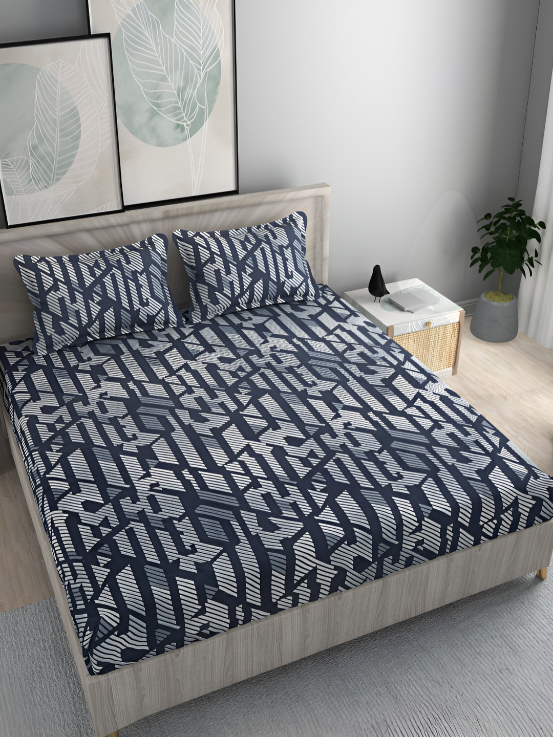 

FINE TEX WORLD Blue & White 210 TC King Bedsheet with 2 Pillow Covers