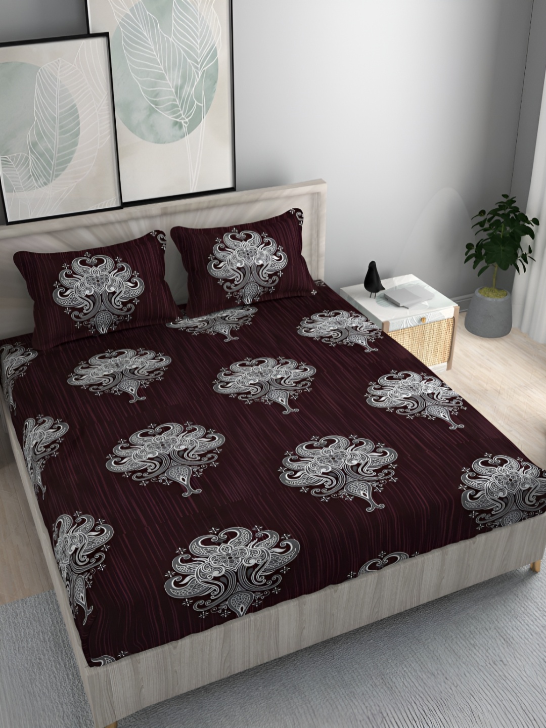 

FINE TEX WORLD Brown & Grey Ethnic Motifs 210 TC King Bedsheet with 2 Pillow Covers