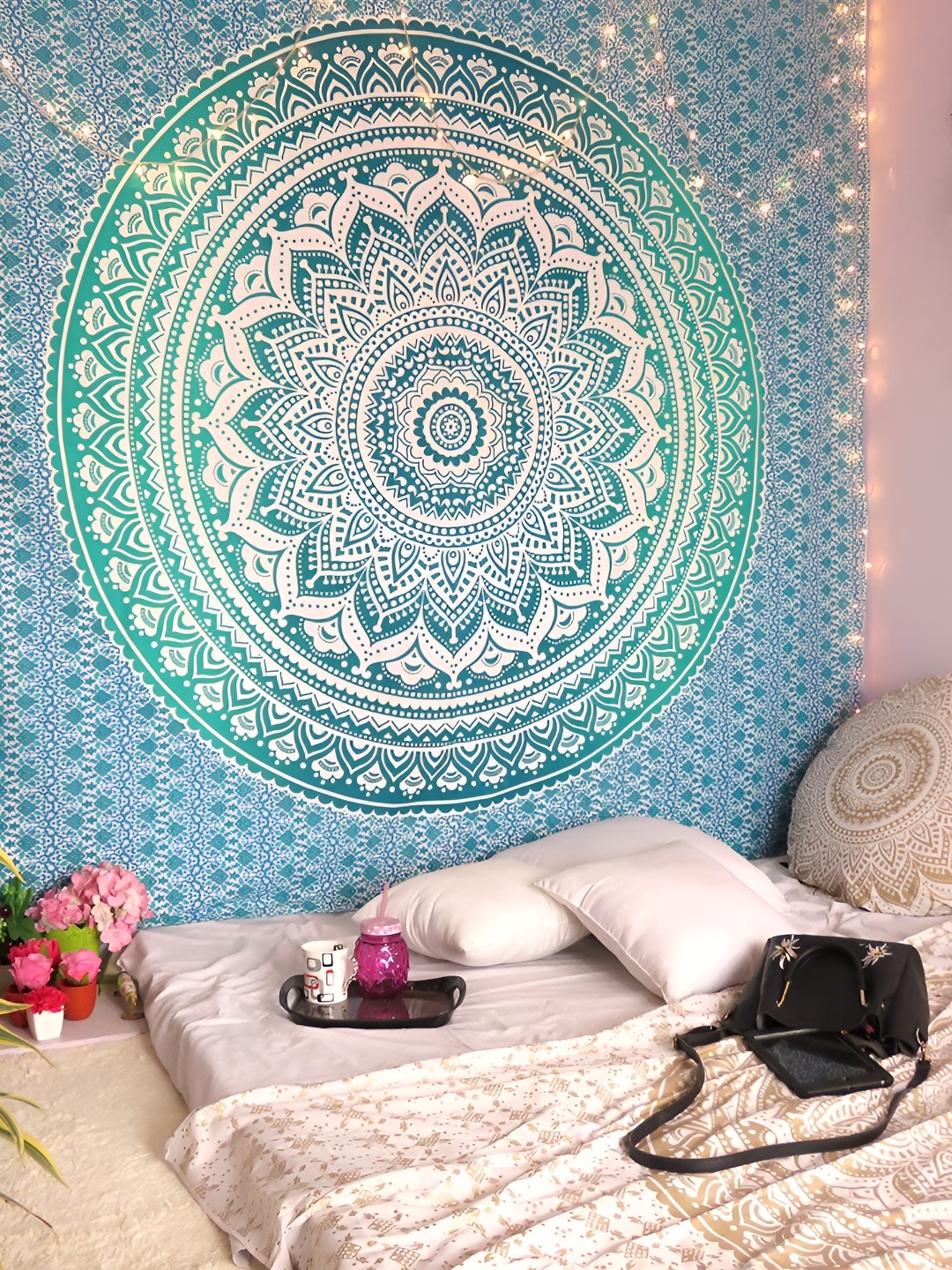 

dravy handicrafts Blue & Green Mandala Tapestry