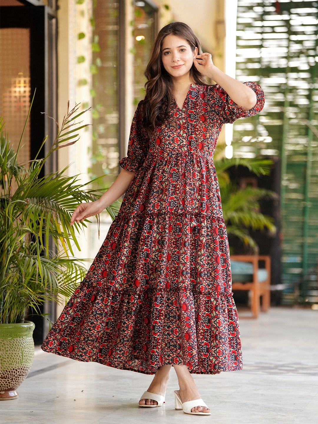 

VAANI CREATION Floral Printed Maxi Fit & Flare Dress, Cream