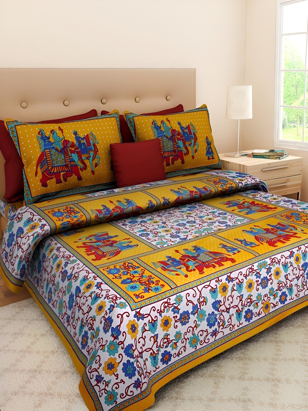 

Sohibe Yellow Maroon Ethnic Motifs 144 TC Cotton King Bedsheet With 1 Pillow Cover
