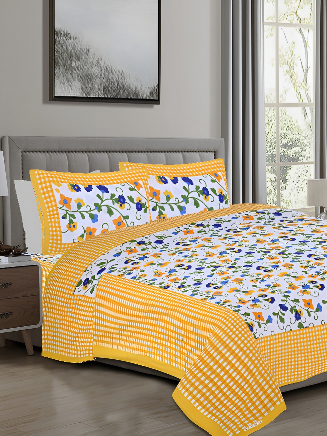 

Sohibe Yellow & White Floral Printed 160 TC Cotton King Bedsheet with 2 Pillow Covers