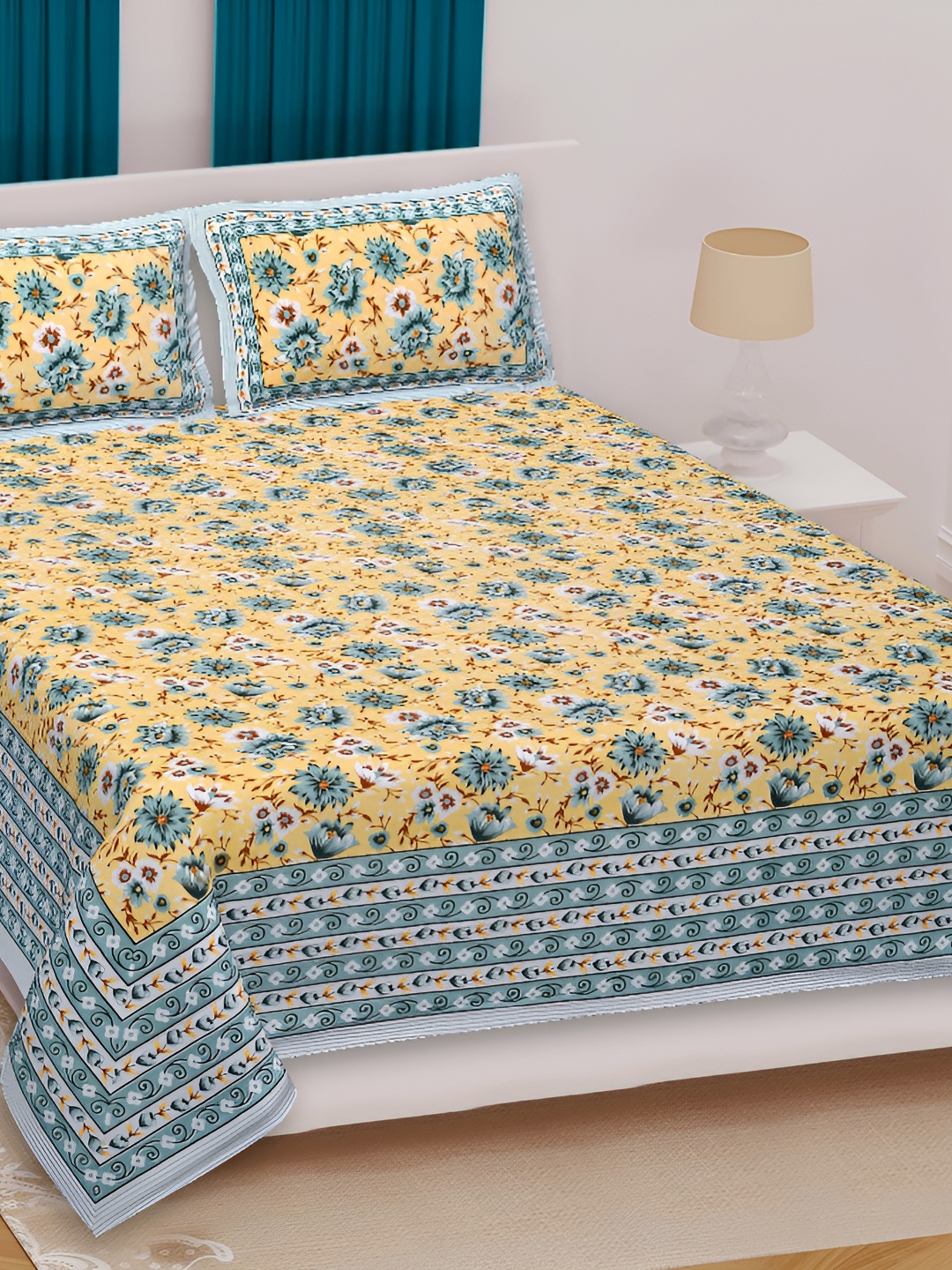 

Sohibe Green & Blue 300 TC King Bedsheet with 1 Pillow Covers