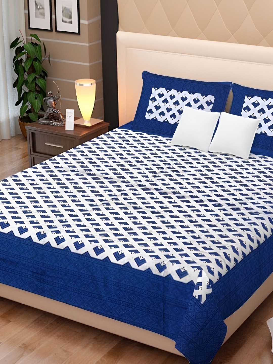 

Sohibe Blue White Geometric 210 TC Cotton King Bedsheet With 1 Pillow Cover