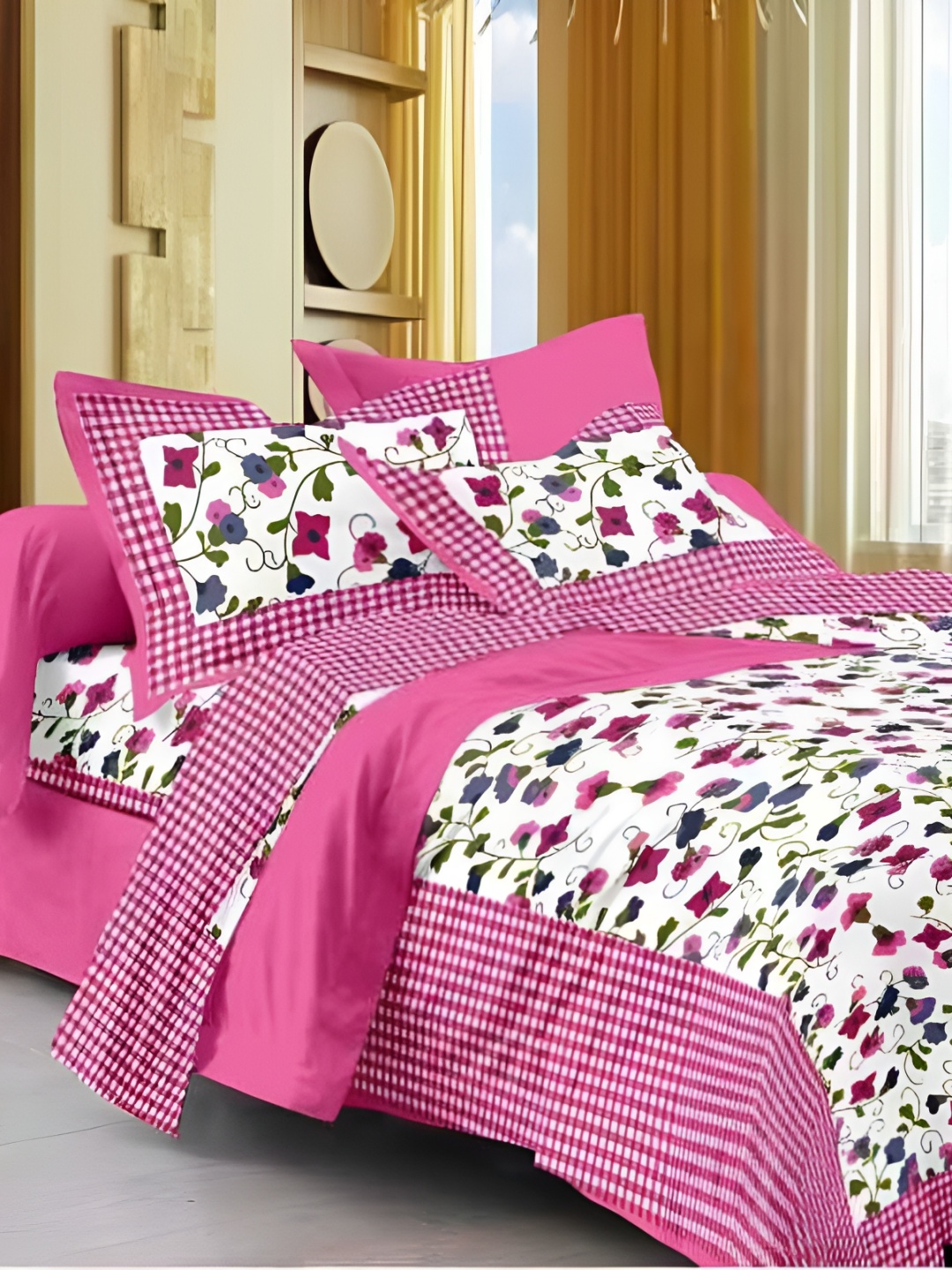 

Sohibe Pink White Floral 300 TC Cotton King Bedsheet With 1 Pillow Cover