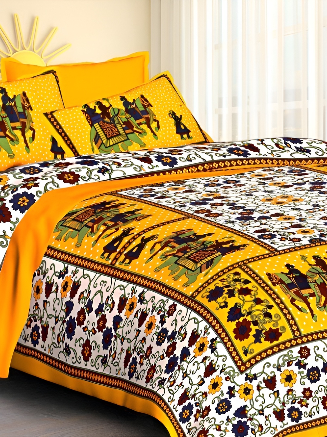 

Sohibe Yellow & Black Ethnic Motifs Printed 144 TC King Bedsheet with Pillow Cover