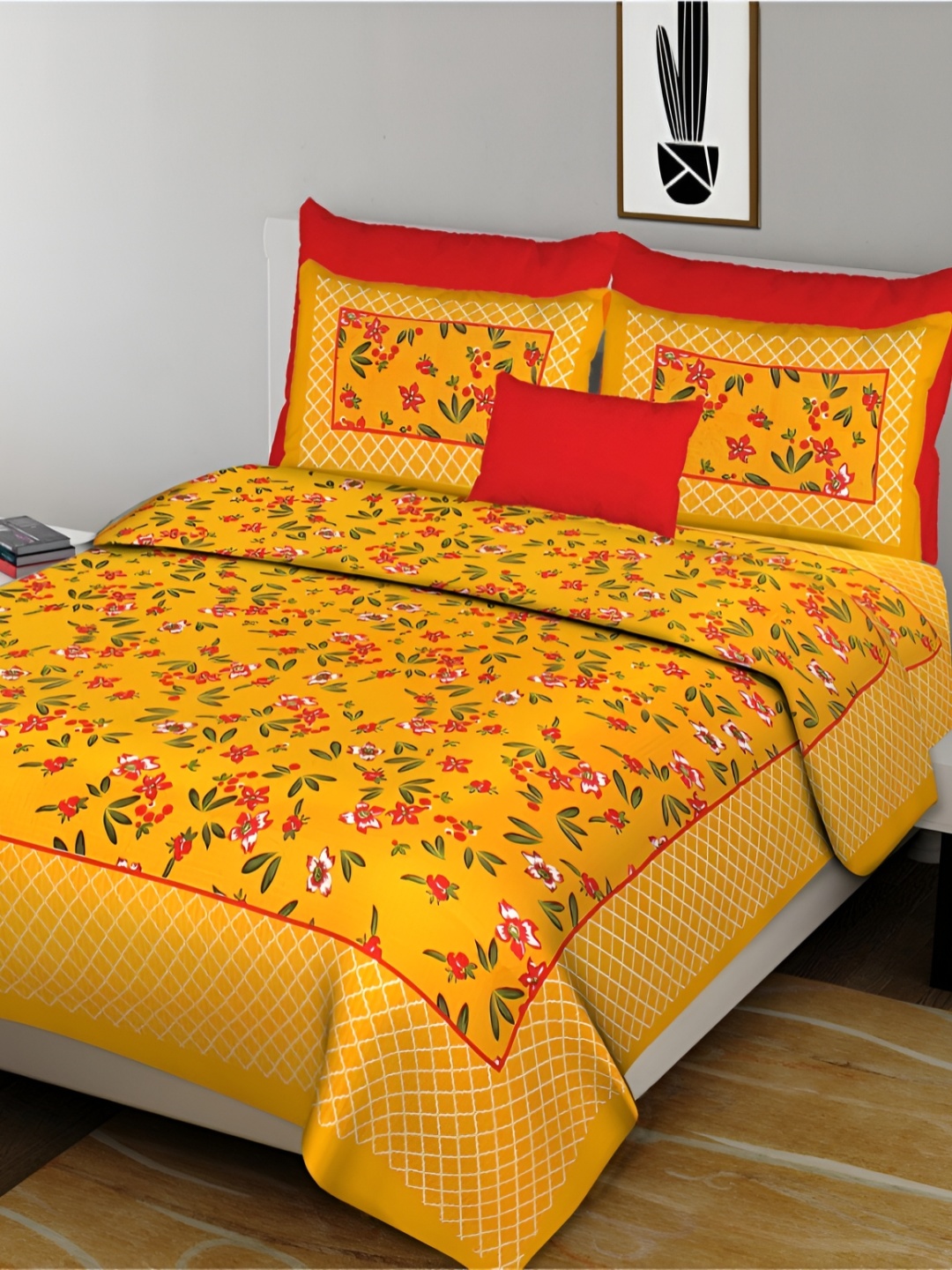 

Sohibe Yellow Red Floral 144 TC Cotton King Bedsheet With 1 Cover