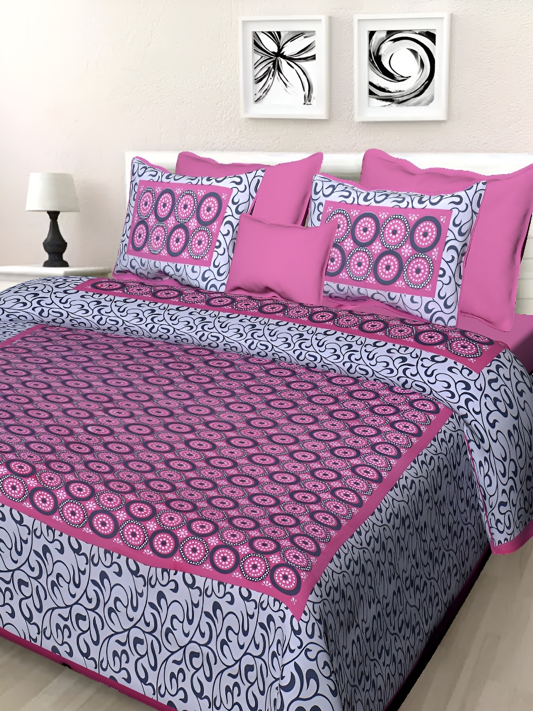 

Sohibe Pink & White Abstract 144 TC Cotton King Bedsheet With 2 Pillow Covers