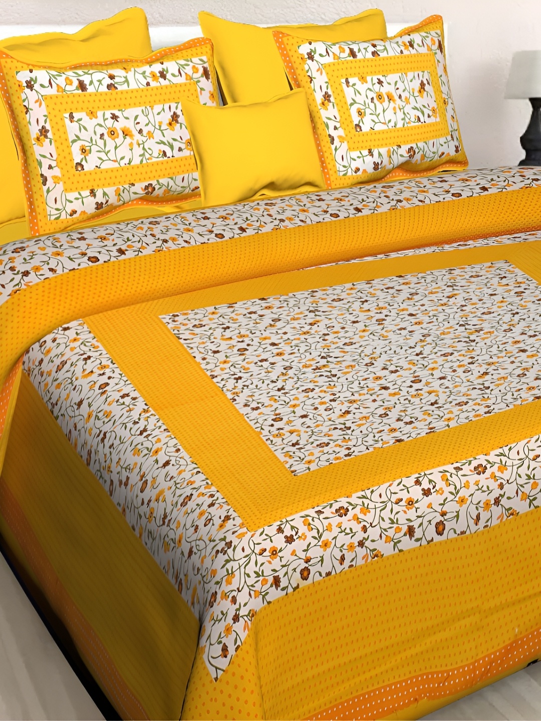 

Sohibe White Yellow Floral 210 TC Cotton Queen Bedsheet With 1 Pillow Cover