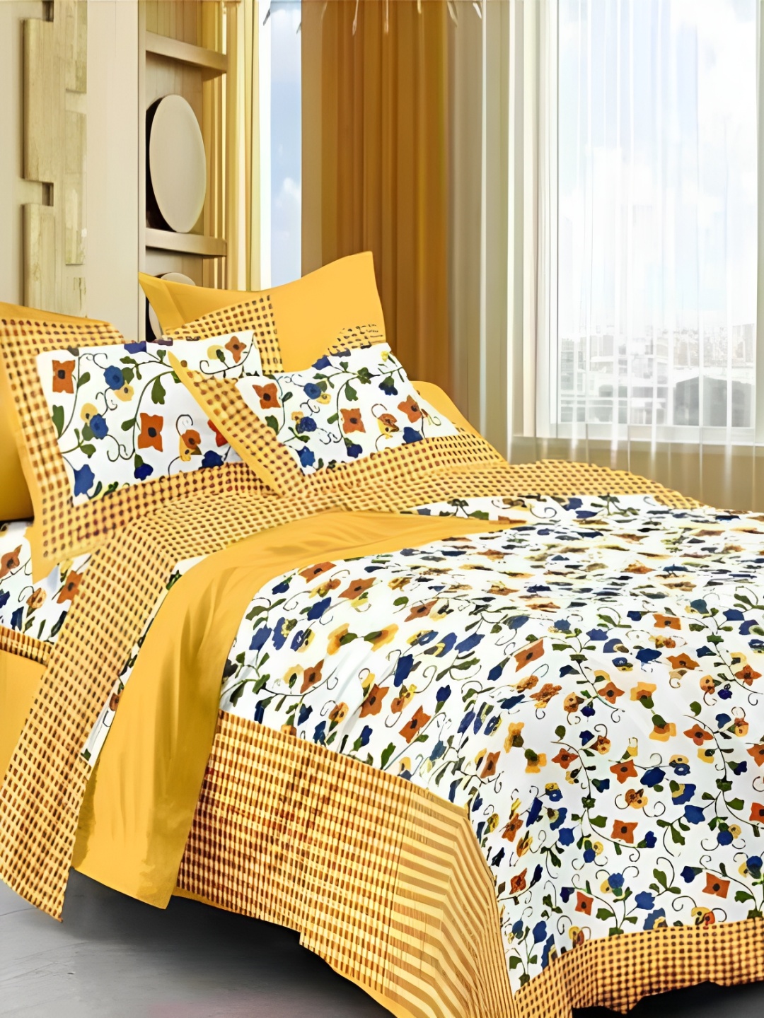 

Sohibe Yellow White Floral 144 TC Cotton King Bedsheet With 2 Pillow Covers