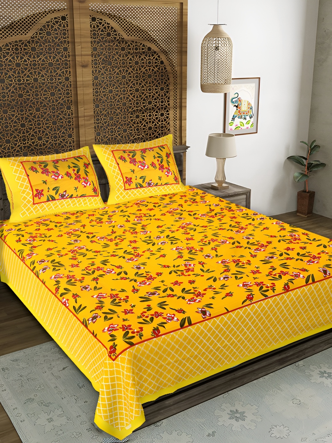 

Sohibe Yellow & Red Floral Printed Cotton 210 TC King Bedsheet With 2 Pillow Covers