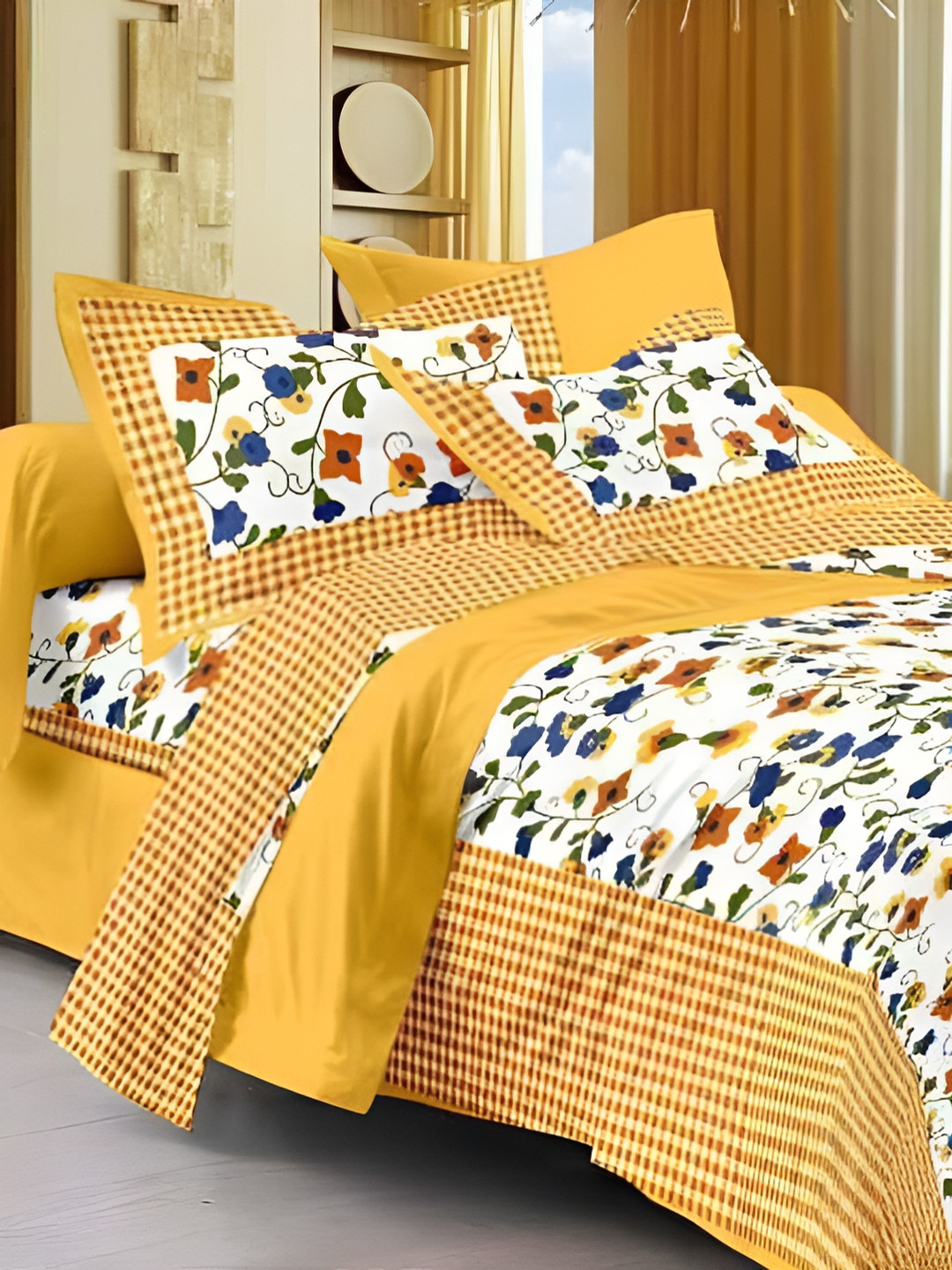 

Sohibe Yellow & White Floral Printed144 TC Cotton Queen Bedsheet with 2 Pillow Covers