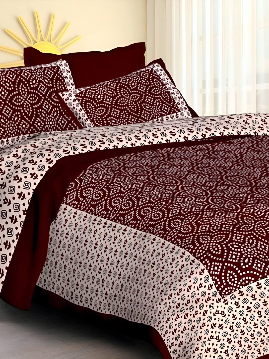 

Sohibe Maroon Cream Ethnic Motifs 210 TC Cotton King Bedsheet With 1 Pillow Cover