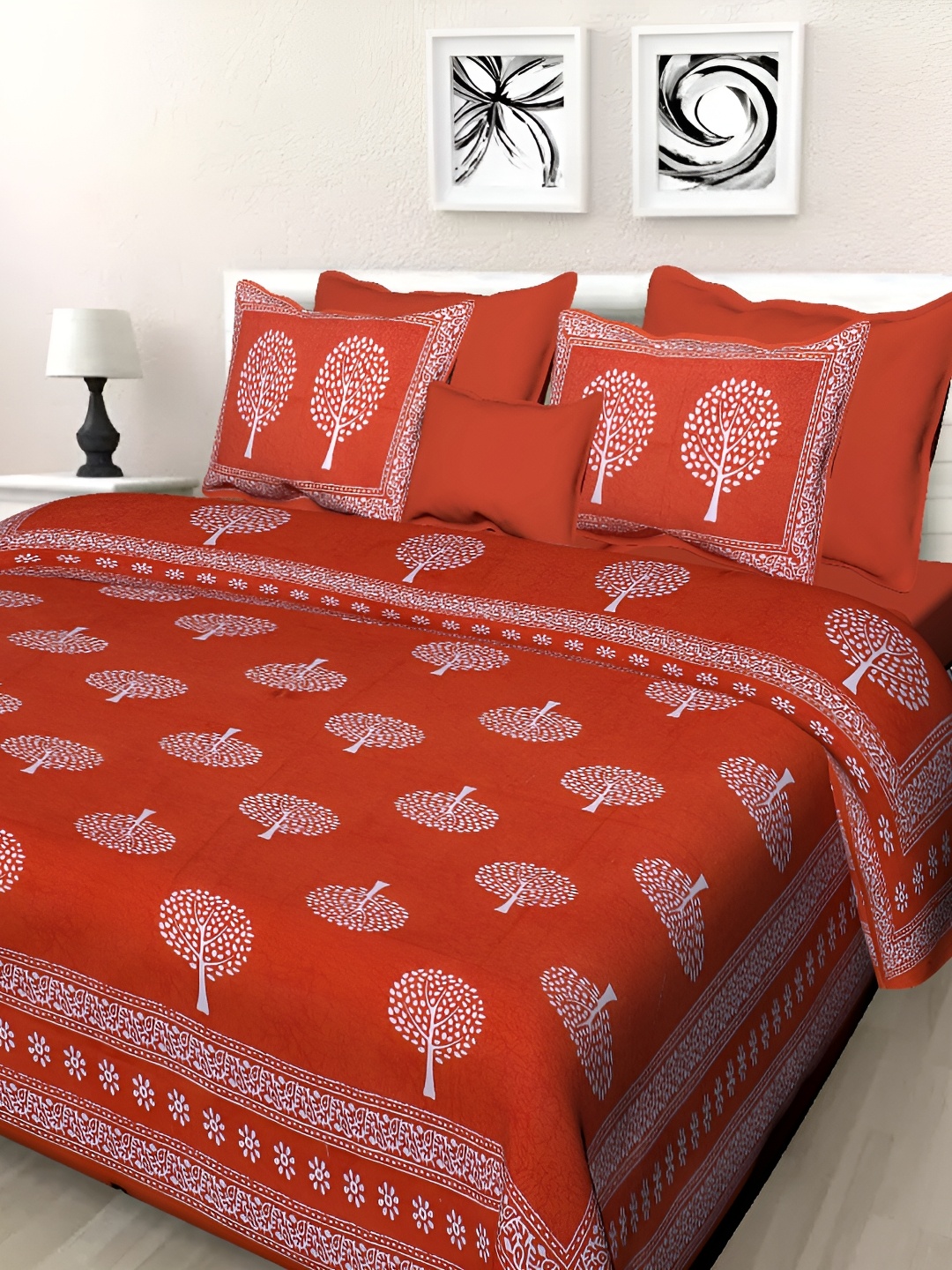 

Sohibe Red White Ethnic Motifs 144 TC Cotton King Bedsheet With 1 Cover