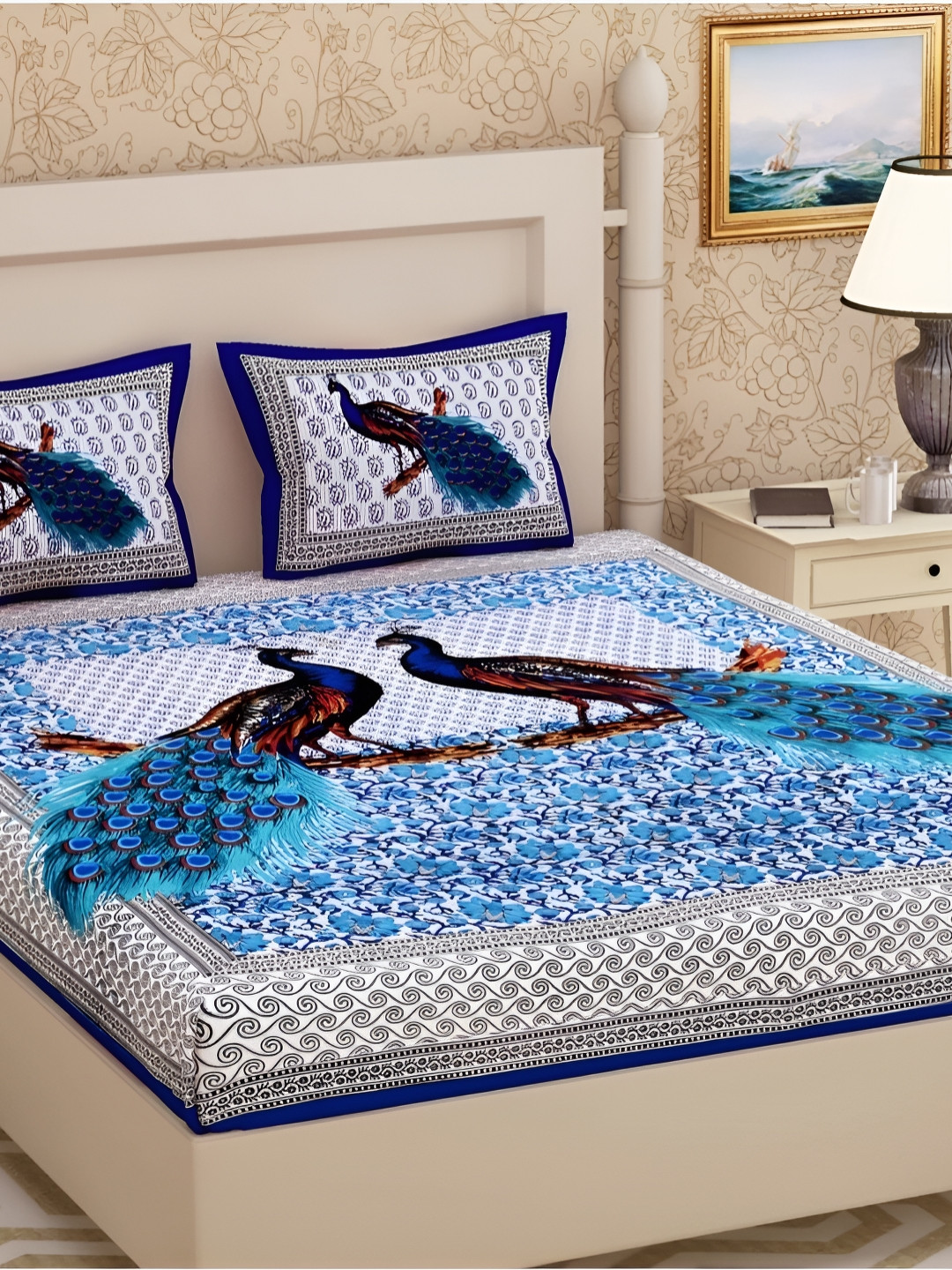 

Sohibe Blue & White Ethnic Motifs Cotton 144 TC King Bedsheet with 2 Pillow Covers