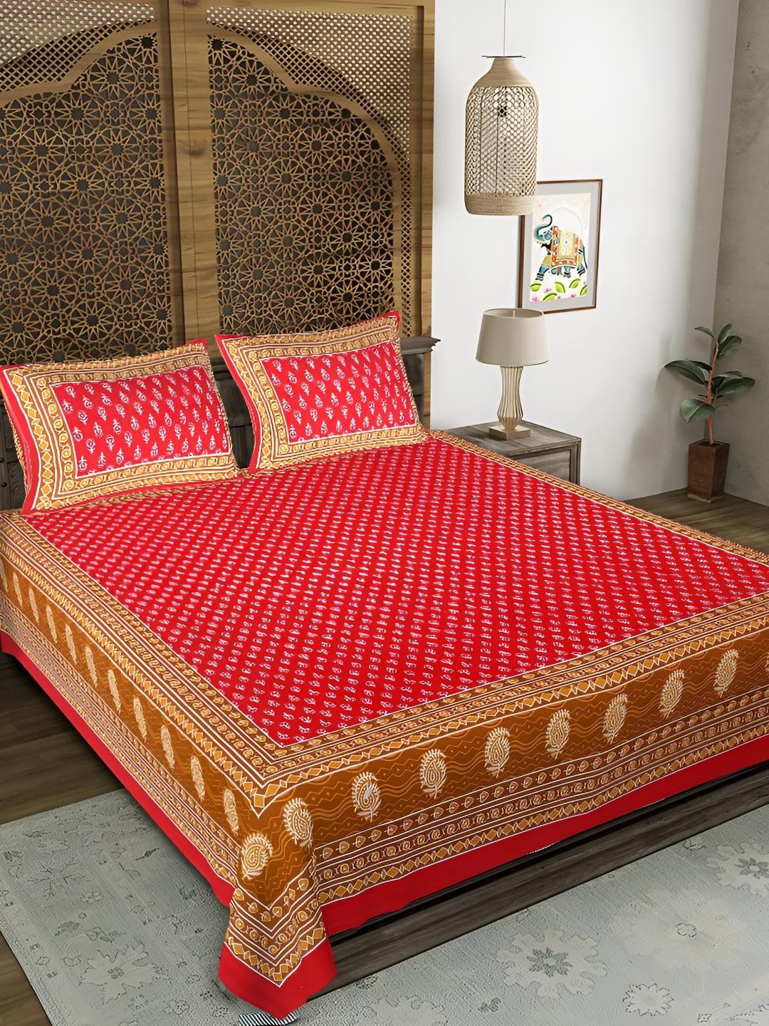 

Sohibe Red & Yellow Ethnic Motifs Printed Cotton 300 TC Queen Bedsheet & 2 Pillow Covers