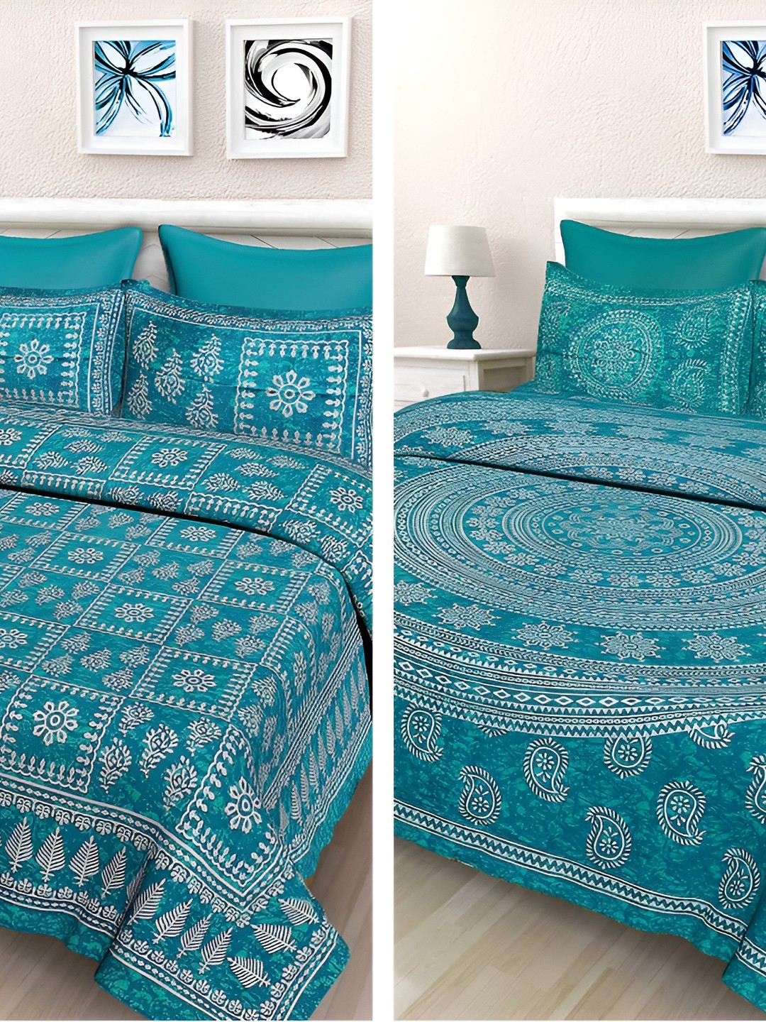 

Sohibe Green White Ethnic Motifs 300 TC Cotton King Bedsheet With 2 Pillow Covers