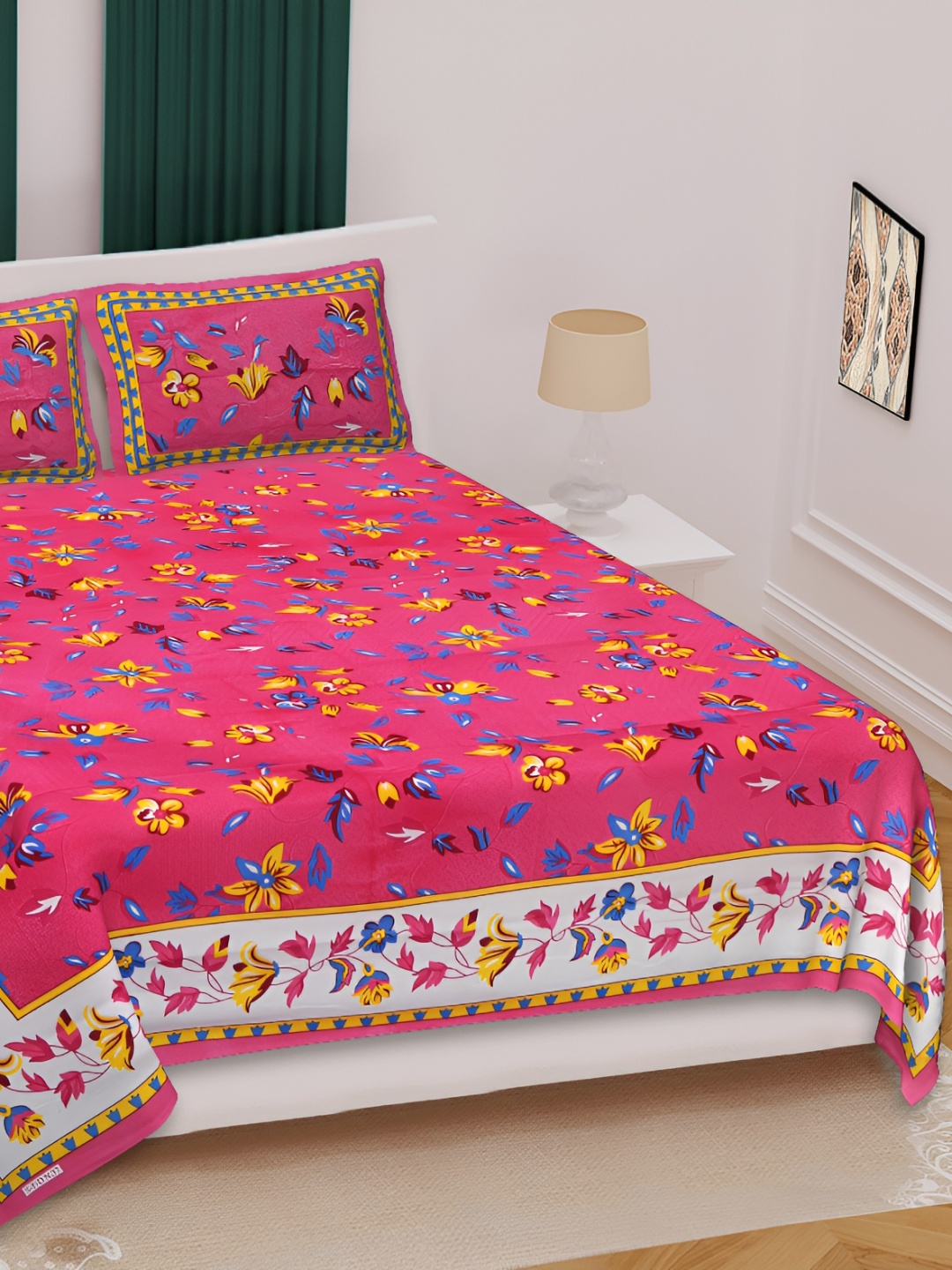 

Sohibe Pink & Blue Floral Printed Cotton 228 TC King Bedsheet With 2 Pillow Covers