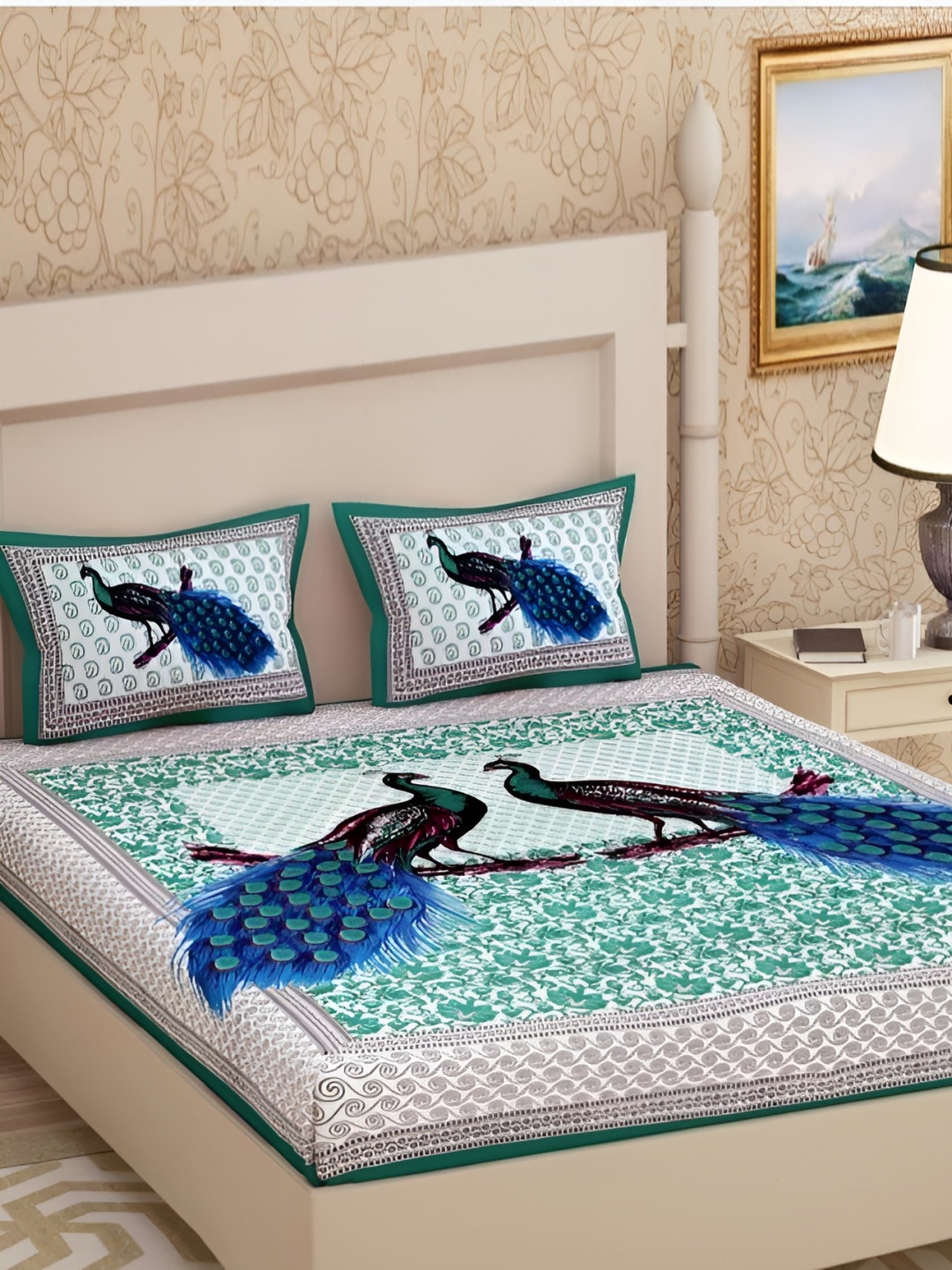 

Sohibe White Green Ethnic Motifs 144 TC Cotton King Bedsheet With 2 Pillow Covers