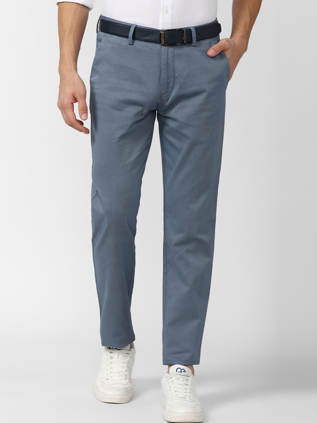 

Peter England Casuals Men Textured Slim Fit Trousers, Blue